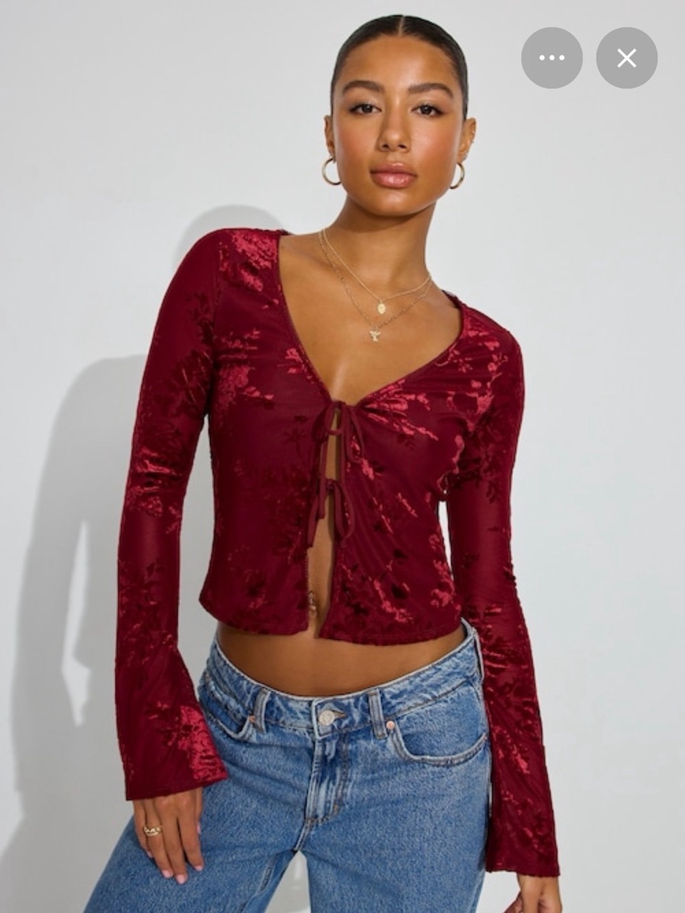 Garage Burgundy Velvet Tie-Front Crop Top